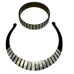 Vintage Brass Mother of Pearl Inlay Collar Choker Necklace & Bangle Bracelet Set